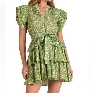 ELAN NWT Cotton Tiered Floral Dress Green Santa Fe